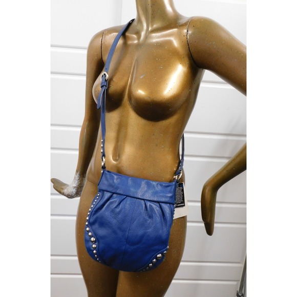 B. Makowsky Blue Leather Silver Studded Crossbody NWT - Picture 2 of 7